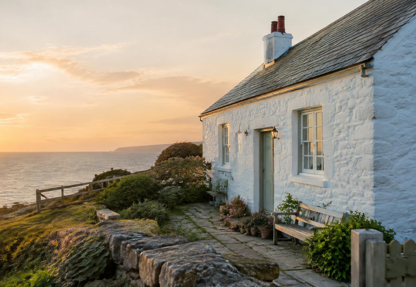 Whitewashed coastal cottage at sunset (illustrative)